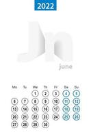 Calendar for June 2022, blue circle design. English language, week starts on Monday. vector