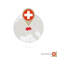 Switzerland map and flag in circle. Map of Switzerland, Switzerland flag pin. Map of Switzerland in the style of the globe. vector