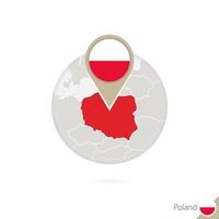 Poland map and flag in circle. Map of Poland, Poland flag pin. Map of Poland in the style of the globe. vector