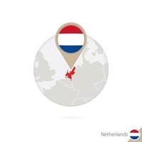 Netherlands map and flag in circle. Map of Netherlands, Netherlands flag pin. Map of Netherlands in the style of the globe. vector