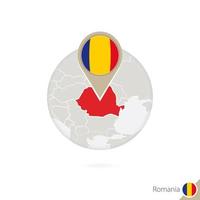 Romania map and flag in circle. Map of Romania, Romania flag pin. Map of Romania in the style of the globe. vector