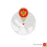 Montenegro map and flag in circle. Map of Montenegro, Montenegro flag pin. Map of Montenegro in the style of the globe. vector