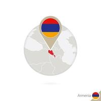 Armenia map and flag in circle. Map of Armenia, Armenia flag pin. Map of Armenia in the style of the globe. vector