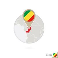 congo mapa y bandera en círculo. mapa del congo, alfiler de la bandera del congo. mapa de congo al estilo del mundo. vector