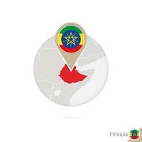 Ethiopia map and flag in circle. Map of Ethiopia, Ethiopia flag pin. Map of Ethiopia in the style of the globe. vector