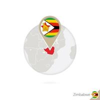 Zimbabwe map and flag in circle. Map of Zimbabwe, Zimbabwe flag pin. Map of Zimbabwe in the style of the globe. vector