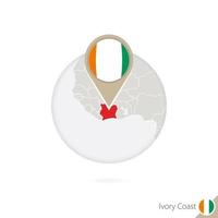 Ivory Coast map and flag in circle. Map of Ivory Coast, Ivory Coast flag pin. Map of Ivory Coast in the style of the globe. vector