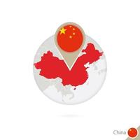 China map and flag in circle. Map of China, China flag pin. Map of China in the style of the globe. vector