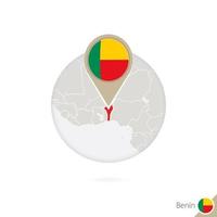 Benin map and flag in circle. Map of Benin, Benin flag pin. Map of Benin in the style of the globe. vector