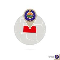 mapa del estado de kansas us y bandera en círculo. mapa de kansas, alfiler de la bandera de kansas. mapa de kansas al estilo del mundo. vector