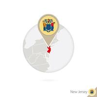 New Jersey US State map and flag in circle. Map of New Jersey, New Jersey flag pin. Map of New Jersey in the style of the globe. vector