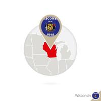 Wisconsin US State map and flag in circle. vector