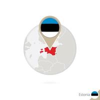 estonia mapa y bandera en círculo. mapa de estonia, alfiler de bandera de estonia. mapa de estonia al estilo del mundo. vector