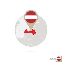 Latvia map and flag in circle. Map of Latvia, Latvia flag pin. Map of Latvia in the style of the globe. vector