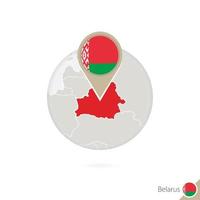 Belarus map and flag in circle. Map of Belarus, Belarus flag pin. Map of Belarus in the style of the globe.