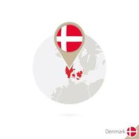 Denmark map and flag in circle. Map of Denmark, Denmark flag pin. Map of Denmark in the style of the globe. vector