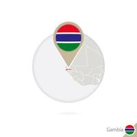 Gambia map and flag in circle. Map of Gambia, Gambia flag pin. Map of Gambia in the style of the globe. vector