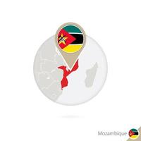 Mozambique map and flag in circle. Map of Mozambique, Mozambique flag pin. Map of Mozambique in the style of the globe. vector