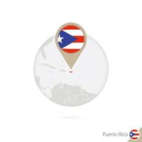 Puerto Rico map and flag in circle. Map of Puerto Rico, Puerto Rico flag pin. Map of Puerto Rico in the style of the globe. vector