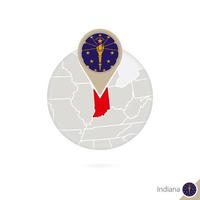 Indiana US State map and flag in circle. Map of Indiana, Indiana flag pin. Map of Indiana in the style of the globe. vector