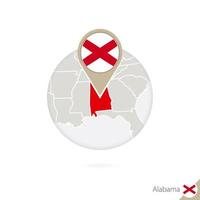 Alabama US State map and flag in circle. Map of Alabama, Alabama flag pin. Map of Alabama in the style of the globe. vector