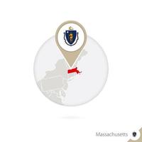 Massachusetts US State map and flag in circle. Map of Massachusetts, Massachusetts flag pin. Map of Massachusetts in the style of the globe.
