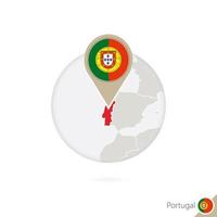 mapa de portugal y bandera en círculo. mapa de portugal, alfiler de bandera portugal. mapa de portugal al estilo del mundo. vector