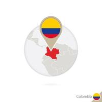 Colombia map and flag in circle. Map of Colombia, Colombia flag pin. Map of Colombia in the style of the globe. vector