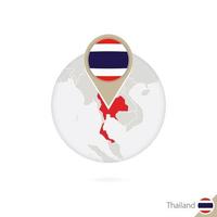 Thailand map and flag in circle. Map of Thailand, Thailand flag pin. Map of Thailand in the style of the globe.