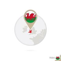 Wales map and flag in circle. Map of Wales, Wales flag pin. Map of Wales in the style of the globe. vector