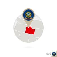 Idaho US State map and flag in circle. Map of Idaho, Idaho flag pin. Map of Idaho in the style of the globe. vector