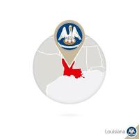 Louisiana US State map and flag in circle. Map of Louisiana, Louisiana flag pin. Map of Louisiana in the style of the globe. vector