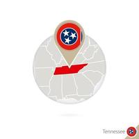 Tennessee US State map and flag in circle. Map of Tennessee, Tennessee flag pin. Map of Tennessee in the style of the globe.