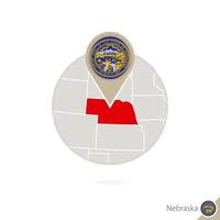 Nebraska US State map and flag in circle. Map of Nebraska, Nebraska flag pin. Map of Nebraska in the style of the globe.