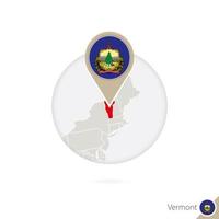 Vermont US State map and flag in circle. Map of Vermont, Vermont flag pin. Map of Vermont in the style of the globe. vector