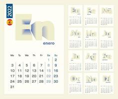 Calendar 2022 template in Spanish language, minimalist calendar set for 2022 year. vector