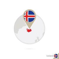 Iceland map and flag in circle. Map of Iceland, Iceland flag pin. Map of Iceland in the style of the globe. vector