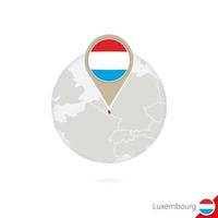 mapa de luxemburgo y bandera en círculo. mapa de luxemburgo, alfiler de bandera de luxemburgo. mapa de luxemburgo al estilo del mundo. vector