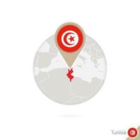 Tunisia map and flag in circle. Map of Tunisia, Tunisia flag pin. Map of Tunisia in the style of the globe. vector