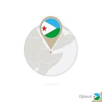 Djibouti map and flag in circle. Map of Djibouti, Djibouti flag pin. Map of Djibouti in the style of the globe. vector