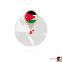 Jordan map and flag in circle. Map of Jordan, Jordan flag pin. Map of Jordan in the style of the globe. vector