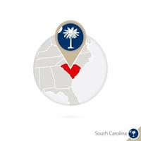 South Carolina US State map and flag in circle. Map of South Carolina, South Carolina flag pin. Map of South Carolina in the style of the globe. vector