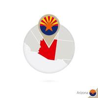 Arizona US State map and flag in circle. Map of Arizona, Arizona flag pin. Map of Arizona in the style of the globe.