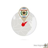 West Virginia US State map and flag in circle. vector