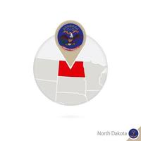 North Dakota US State map and flag in circle. Map of North Dakota, North Dakota flag pin. Map of North Dakota in the style of the globe. vector