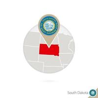 South Dakota US State map and flag in circle. Map of South Dakota, South Dakota flag pin. Map of South Dakota in the style of the globe. vector