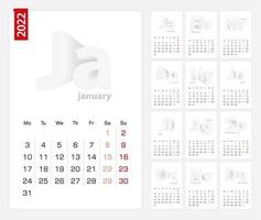 Calendar 2022 template, minimalist calendar set for 2022 year. vector