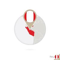 Peru map and flag in circle. Map of Peru, Peru flag pin. Map of Peru in the style of the globe. vector