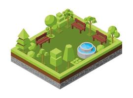 Vector isometric illustration. Concept of an ecological park, recreation areas with a fountain and benches. Natural landscape, forest, grove, environment. Botanical objects, trees, plants