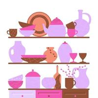 Set of kitchen utensils, cute flat vector illustration. Collection of bowls, plates, vases, dishes, cup, teapot and jug